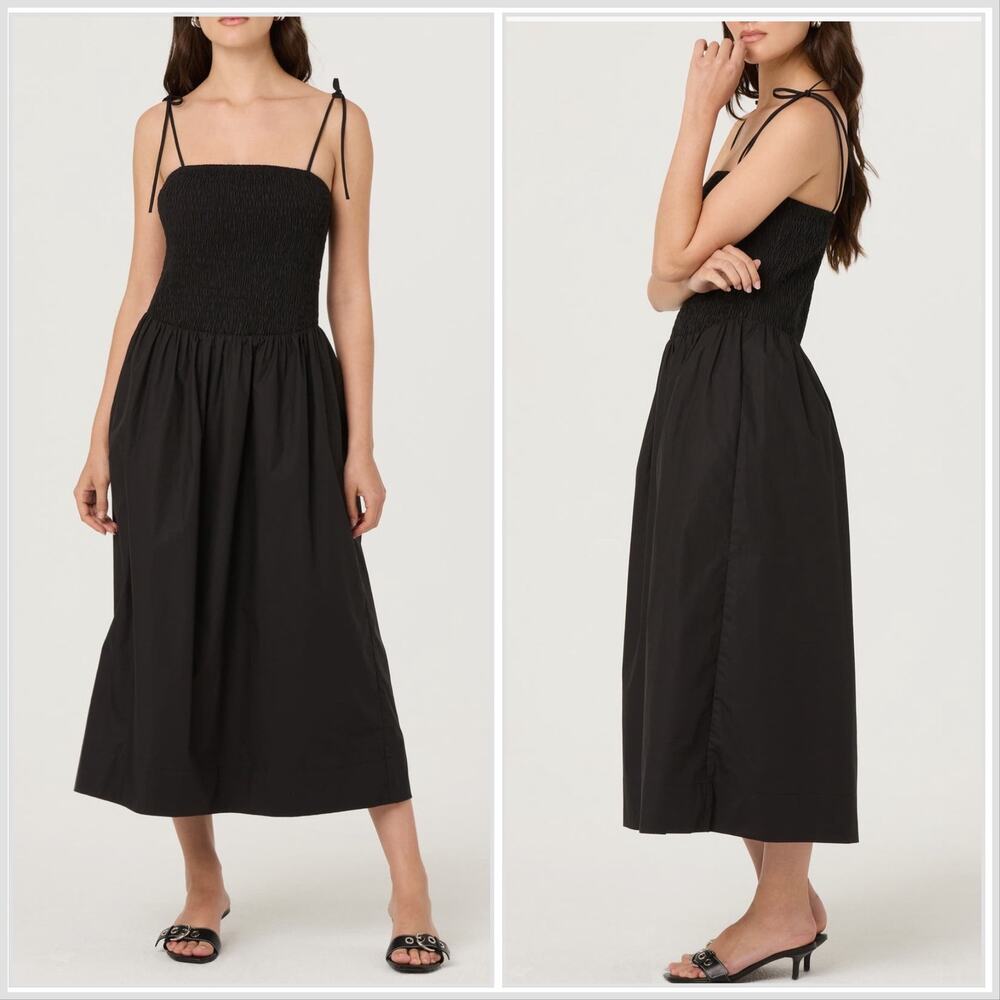 ASTR the Label Drop Waist Smocked Cotton Midi Dress with Pockets Large Black NWT